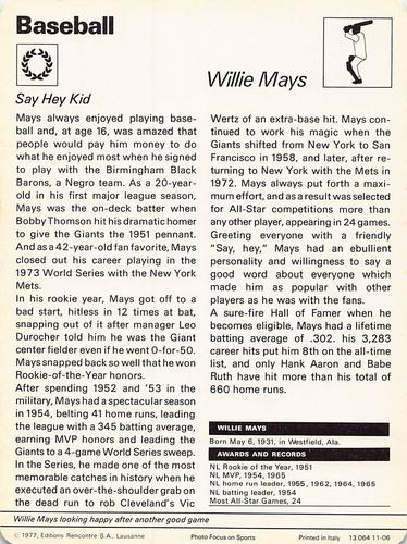 1977-80 Sportscaster Series 11 (UK) #11-06 Willie Mays Back