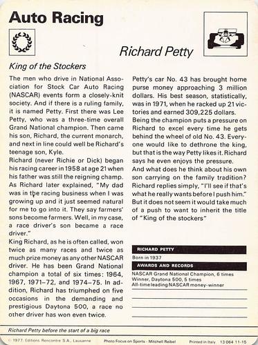 1977-80 Sportscaster Series 11 (UK) #11-15 Richard Petty Back