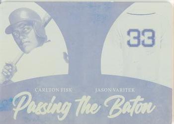 2020 Leaf In The Game Used Sports - Passing The Baton Relics Printing Plate Yellow #PTB-11 Carlton Fisk / Jason Varitek Front