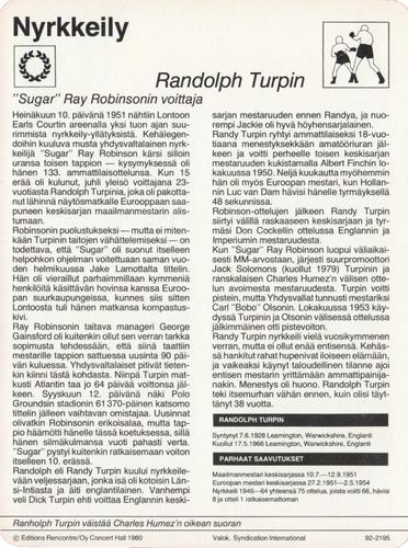 1980 Sportscaster Series 92 Finnish #92-2195 Randolph Turpin Back