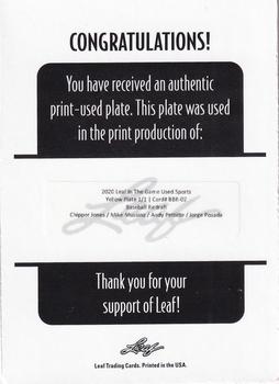 2020 Leaf In The Game Used Sports - Baseball Redraft Printing Plates Yellow #BBR-02 Chipper Jones / Mike Mussina / Andy Pettitte / Jorge Posada Back