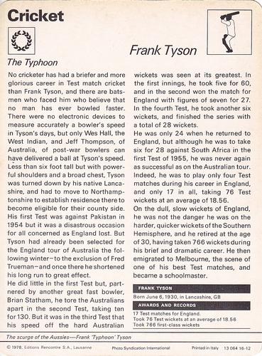 1977-80 Sportscaster Series 16 (UK) #16-12 Frank Tyson Back