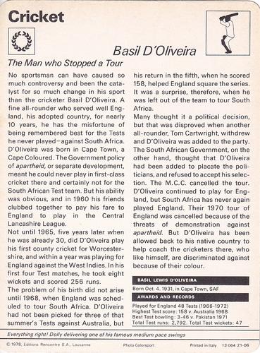 1977-80 Sportscaster Series 21 (UK) #21-06 Basil D'Oliveira Back