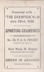 1922 Amalgamated Press Sporting Champions #26 Percy Fender Back
