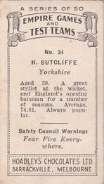 1932 Hoadley's Empire Games And Test Teams #34 Herbert Sutcliffe Back