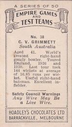 1932 Hoadley's Empire Games And Test Teams #38 Clarrie Grimmett Back