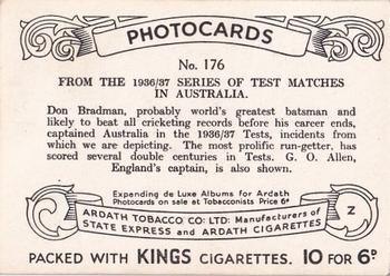 1938 Ardath Tobacco Company Photocards Group Z #176 D. Bradman / G.O. Allen Back