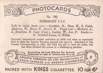 1938 Ardath Tobacco Company Photocards Group Z #190 Somerset C. C. C. Back