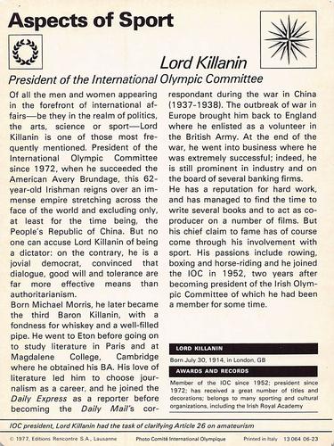 1977-80 Sportscaster Series 6 (UK) #06-23 Lord Killanin Back