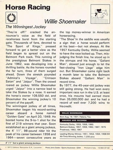 1977-80 Sportscaster Series 7 (UK) #07-02 Willie Shoemaker Back