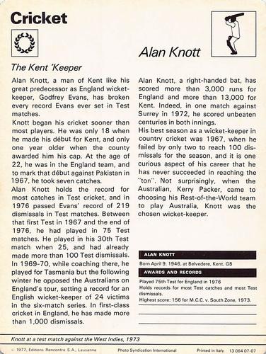 1977-80 Sportscaster Series 7 (UK) #07-07 Alan Knott Back