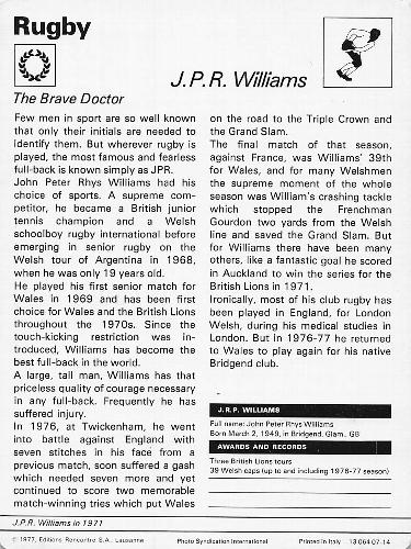 1977-80 Sportscaster Series 7 (UK) #07-14 J P R Williams Back