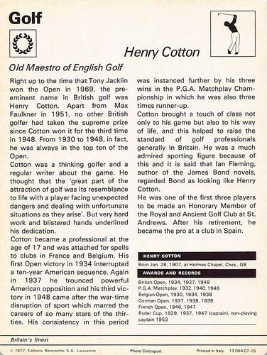 1977-80 Sportscaster Series 7 (UK) #07-15 Henry Cotton Back