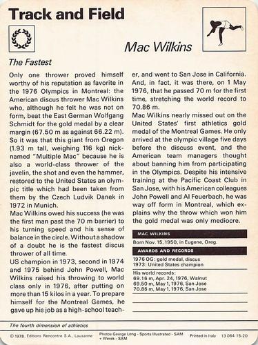 1977-80 Sportscaster Series 15 (UK) #15-20 Mac Wilkins Back