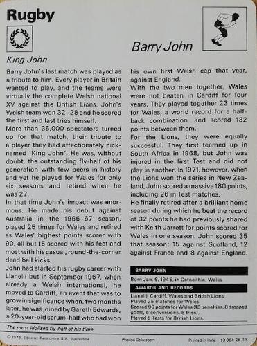 1977-80 Sportscaster Series 26 (UK) #26-11 Barry John Back