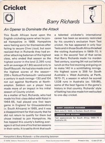 1977-80 Sportscaster Series 37 (UK) #37-07 Barry Richards Back