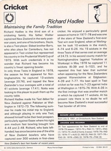 1977-80 Sportscaster Series 84 (UK) #84-01 Richard Hadlee Back