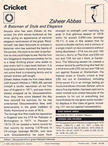 1977-80 Sportscaster Series 102 (UK) #102-08 Zaheer Abbas Back