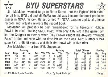 1986 Utah Sports BYU Superstars #1 Jim McMahon Back