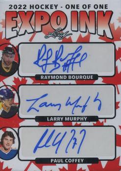 2022 Leaf Expo Ink - Expo Exclusive Triple Autographs Maple Leafs #EIT-01 Raymond Bourque / Larry Murphy / Paul Coffey Front