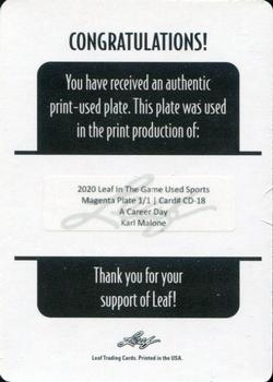 2020 Leaf In The Game Used Sports - A Career Day Relics Printing Plates Magenta #CD-18 Karl Malone Back