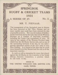 1931 United Tobacco Co.Springbok Rugby & Cricket Teams #3 Theo Pienaar Back