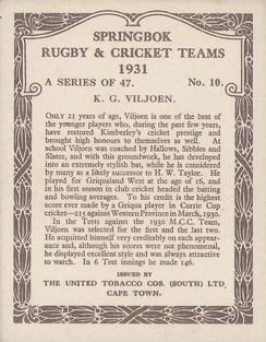 1931 United Tobacco Co.Springbok Rugby & Cricket Teams #10 Ken Viljoen Back