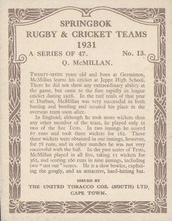 1931 United Tobacco Co.Springbok Rugby & Cricket Teams #13 Quintin McMillan Back