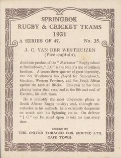 1931 United Tobacco Co.Springbok Rugby & Cricket Teams #25 Jacobus Van Der Westhuizen Back