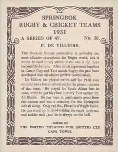 1931 United Tobacco Co.Springbok Rugby & Cricket Teams #38 Pierre De Villiers Back