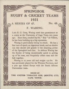 1931 United Tobacco Co.Springbok Rugby & Cricket Teams #40 Frank Waring Back