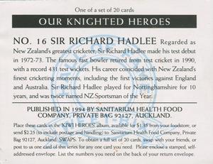 1994 Weet-Bix Kiwi Heroes #16 Sir Richard Hadlee Back