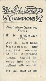 1934 MacRobertson's Australian Sporting Series Champions #33 Ernest Bromley Back