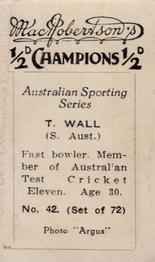 1934 MacRobertson's Australian Sporting Series Champions #42 Tim Wall Back