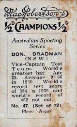 1934 MacRobertson's Australian Sporting Series Champions #47 Donald Bradman Back