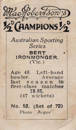 1934 MacRobertson's Australian Sporting Series Champions #52 Bert Ironmonger Back