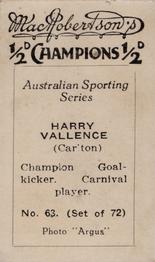 1934 MacRobertson's Australian Sporting Series Champions #63 Harry Vallence Back