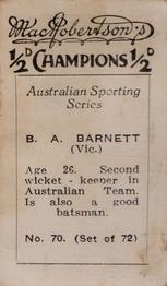 1934 MacRobertson's Australian Sporting Series Champions #70 Ben Barnett Back
