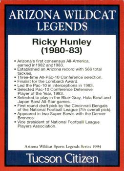 1994 Tucson Citizen Arizona Wildcats Sports Legends Series #NNO Ricky Hunley Back