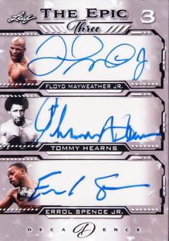 2022 Leaf Decadence - The Epic 3 Autographs Silver #TE3-13 Floyd Mayweather Jr. / Tommy Hearns / Errol Spence Jr. Front