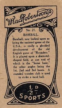 1916 MacRobertson's #21 Baseball Back