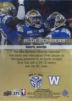 2023 Upper Deck Game Dated Moments - Gold #61 Winnipeg Blue Bombers Back