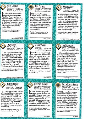 1989 Sports Illustrated for Kids - Original 9-Card Sheets #10-18 Mark Jackson / Jose Canseco / Katarina Witt / Dante Muse / Alberto Tomba / Joe Nieuwendyk / Michael Jordan / Herschel Walker / Jackie Joyner-Kersee Back