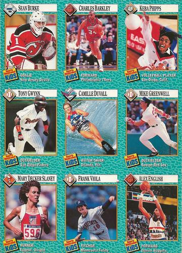 1989 Sports Illustrated for Kids - Original 9-Card Sheets #28-36 Keba Phipps / Charles Barkley / Sean Burke / Mike Greenwell / Camille Duvall / Tony Gwynn / Alex English / Frank Viola / Mary Decker Slaney Front