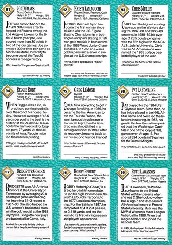 1989 Sports Illustrated for Kids - Original 9-Card Sheets #91-99 Joe Dumars / Kristi Yamaguchi / Chris Mullin / Reggie Roby / Greg LeMond / Pat LaFontaine / Bridgette Gordon / Bobby Hebert / Ruth Lawanson Back