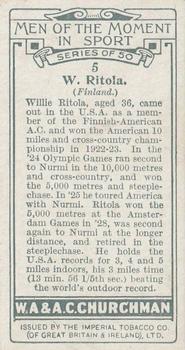 1928 Churchman's Men of the Moment In Sport #5 Ville Ritola Back