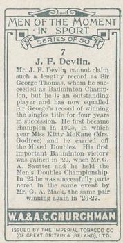 1928 Churchman's Men of the Moment In Sport #7 Frank Devlin Back