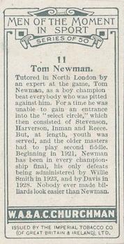 1928 Churchman's Men of the Moment In Sport #11 Tom Newman Back