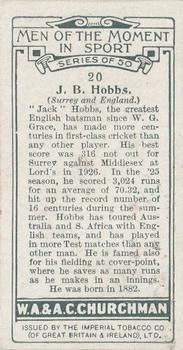 1928 Churchman's Men of the Moment In Sport #20 Jack Hobbs Back