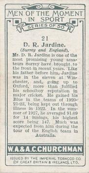 1928 Churchman's Men of the Moment In Sport #21 Douglas Jardine Back